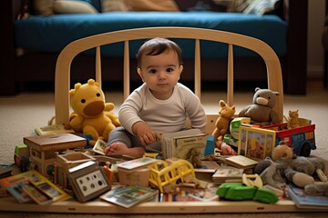 Cute infant engaging in play and educational activities in cot with toys and books
