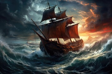 Maritime adventure's beauty and danger - old ship surrounded by raging waves and dark clouds