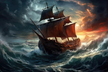 Foto op Canvas Maritime adventure's beauty and danger - old ship surrounded by raging waves and dark clouds © Irina