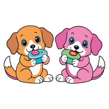two puppies eating doughnut, vector illustration