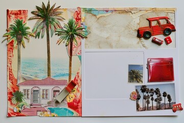 Collage travel, vacation, red car. wish card. Retro style. Place for text