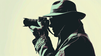 Undercover Private Investigator or Paparazzi Photographer CIA Agent or Detective Holding Camera Doing Surveillance and Taking Photos on Plain Background - obrazy, fototapety, plakaty