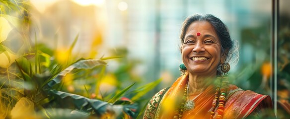 Radiant Indian woman smiling among a blaze of wildflowers, captured in a sun-kissed double exposure. - obrazy, fototapety, plakaty