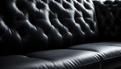 Obraz premium Black leather sofa isolated in a black wall room with wooden floor and two twins lamps at the sides