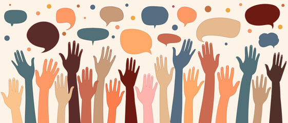Anonymous raised of multicultural group people. Racial equality. Speech bubble. Crowd people. Man and women of diverse races. Communication. Male female. Diversity inclusion