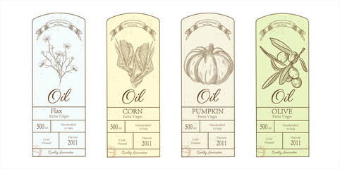 Label for a bottle of vegetable oils. Hand drawn, vintage style design. Corn oil, flax, olive, pumpkin. Minimalistic vintage vector design with grunge texture,
