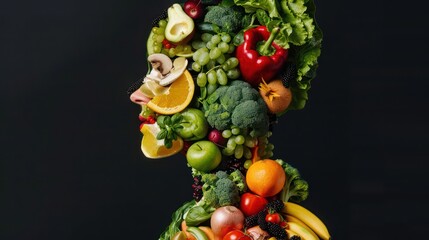 Human body silhouette made of healthy Fruits and Vegetables