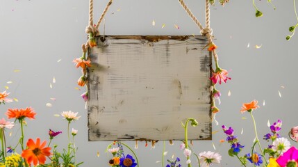 A handmade wooden sign hung by vine ropes and surrounded by colorful flowers