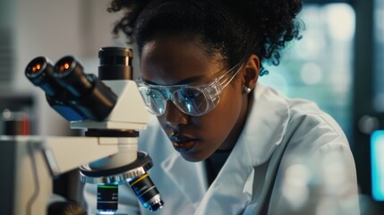 An African American woman scientist examining samples through a microscope in a laboratory. - obrazy, fototapety, plakaty