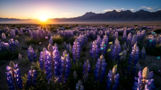 A field of desert lupine flowers at sunrise and butterflies fluttering, showing the beauty of nature in spring Seamless looping 4k time-lapse animation video background