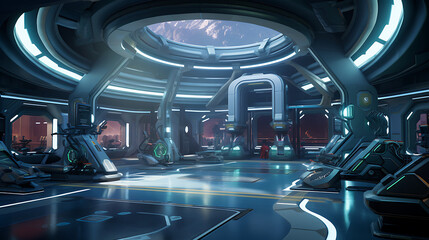 A gym interior for a sci-fi space colony fitness center, with space colony-inspired workouts and...