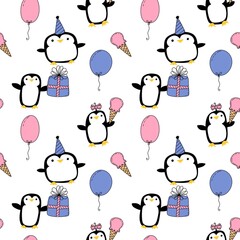 Birthday party animals seamless penguin pattern for wrapping paper and fabrics and kids print and summer print