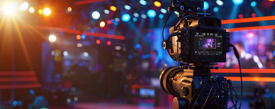 High-definition cinema camera on a professional rig with a blurred stage background.