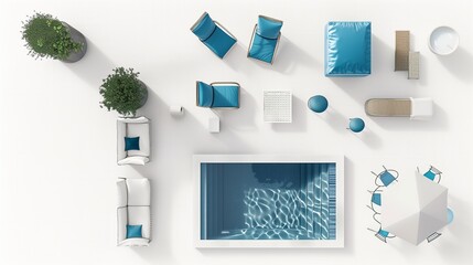 exterior pool furniture on top view for architecture use. florplan concept