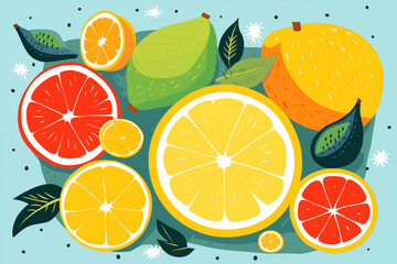 Various citrus fruits like Valencia orange and Rangpur in the illustration