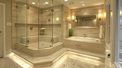 Elegant contemporary bathroom with nighttime lighting, shower, bathtub, mirror, and washstand