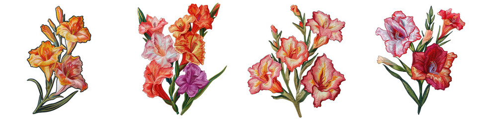 Gladiolus flower embroidered patch badge Hyperrealistic Highly Detailed Isolated On Transparent Background Png File