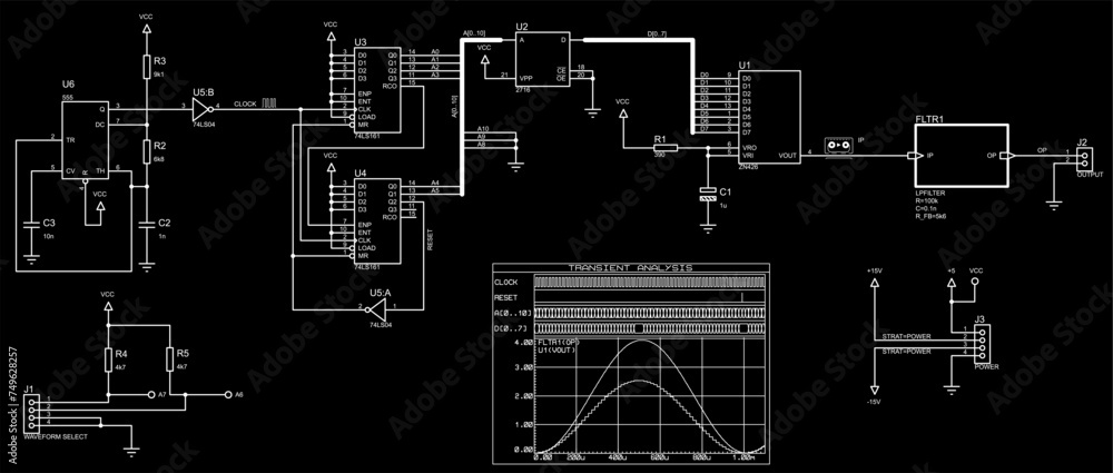 Poster vector electrical schematic circuit of digital device and signal graphic (transient analysis). a tec