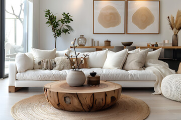 Round wood coffee table against white sofa. Scandinavian home interior design of modern living room.
