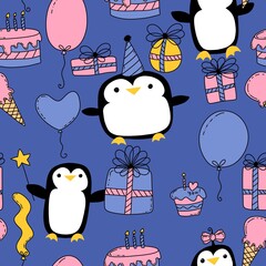 Birthday party animals seamless penguin pattern for wrapping paper and fabrics and kids print and summer print