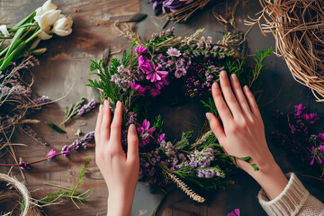 Fototapeta premium Young woman making a wreath of spring flowers and from natural materials. Wooden table, cozy light, home atmosphere.