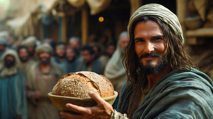 Jesus Christ gives bread to poor people, kindness and selflessness, central figure in Christianity, faith hands food eat pray God catholicism biblical love man spiritual good. - obrazy, fototapety, plakaty