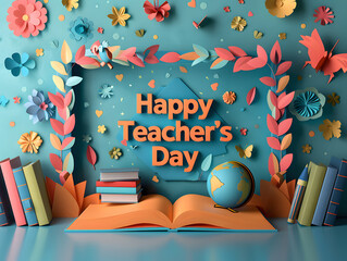 Background With Open Book on Table And a Globe. Happy Teacher's Day Concept