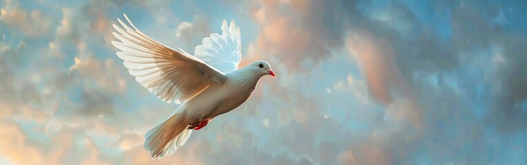White Dove Flying Through Cloudy Sky - Powered by Adobe