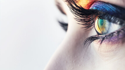 Olho de uma mulher sobre uma luz colorida de arco -  Iris  - obrazy, fototapety, plakaty