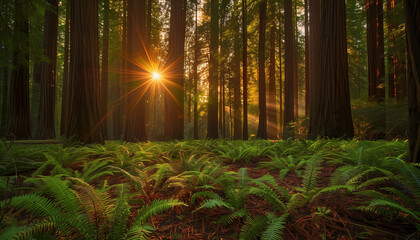 Sunlight streams through a forest of towering redwoods, casting a warm glow over the lush ferns below