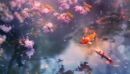 Fototapeta na wymiar Cherry blossom petals float on the surface of a tranquil pond where colorful koi fish swim beneath