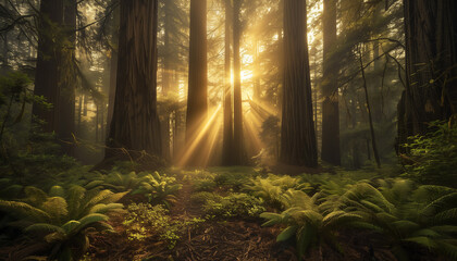 Sunlight filters through the mist in a forest of towering redwoods, illuminating the lush ferns on the forest floor