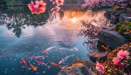 As the sun sets, koi fish swim peacefully in a pond surrounded by floating cherry blossom petals and the warm glow of evening light