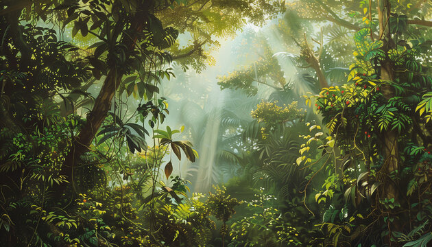 Sunlight filters through the dense canopy of a vibrant and lush tropical jungle