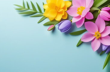 Fototapeta na wymiar Banner with spring flowers on a light background. Greeting card template for wedding, mother's day or women's day. Spring composition with copy space.