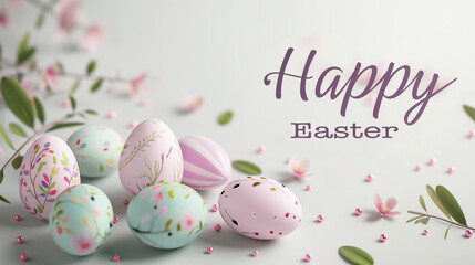 Fototapeta na wymiar Happy Easter card, banner, border with painted Easter eggs, spring flowers and Happy Easter greeting inscription in pastel colors and on a light background.