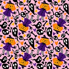 Fototapeta na wymiar Halloween pumpkins seamless monsters and ghost pattern for wrapping paper and fabrics and linens and kids