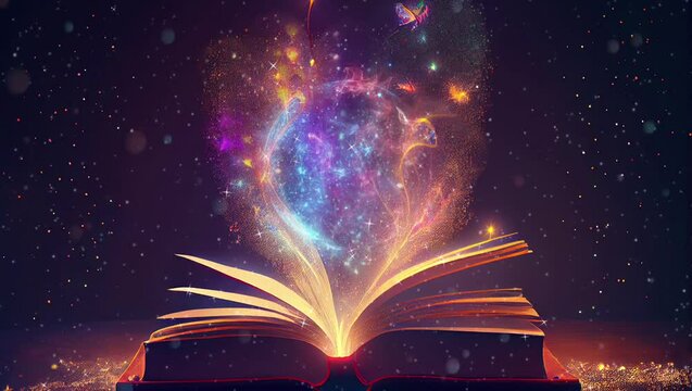 Book with magic light, learning and back to school concept.