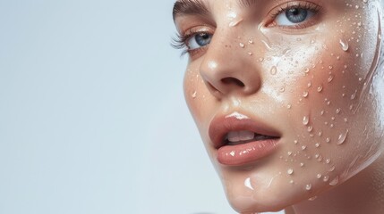 Close-up facial portrait of a woman with water droplets on her skin. Studio shot highlighting natural beauty and hydration