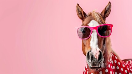 A playful horse wearing stylish sunglasses against a pastel background, perfect for text placement