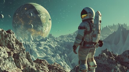 Astronaut standing on a rocky alien planet with a view of moons and space. Sci-fi illustration with an exploration and adventure theme for poster, book cover, and game design