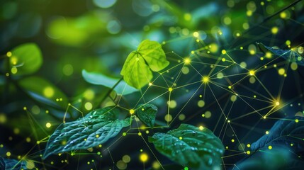 Vivid green leaves with glowing network connections. Close-up of photosynthesis and technology integration