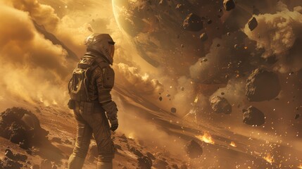Astronaut observing asteroid impact on a distant planet. Digital art scene. Space exploration and science fiction concept.