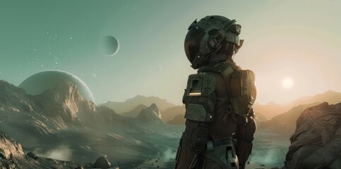 Astronaut standing on an alien planet with multiple moons. Conceptual digital art. Space exploration and adventure theme.