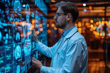 Surgeon analyzing hologram of human body on innovative interface