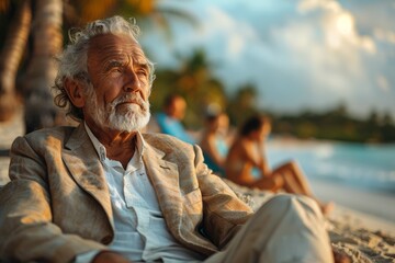 Businessman in sadness seated on beach sand, youth gathering under palm trees - obrazy, fototapety, plakaty