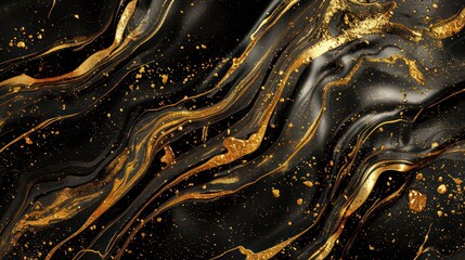 Liquid black marble with gold textures. Luxury pattern, golden, fluid illustration. Abstract melted, golden, texture. 3D illustration,