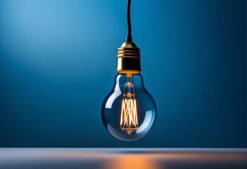 hovering classic shining light bulb on blue background, idea concept