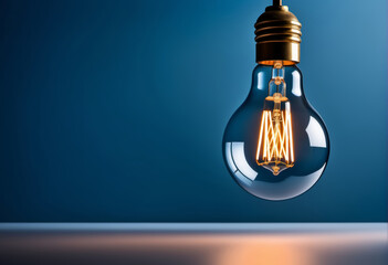 hovering classic shining light bulb on blue background, idea concept