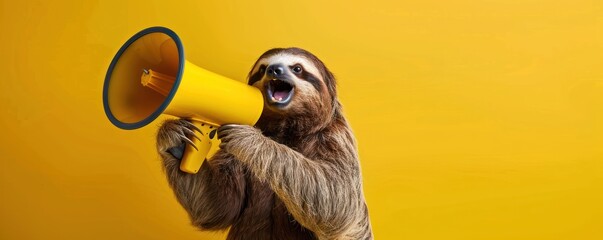 An exuberant sloth happily using a yellow megaphone with a solid yellow background.